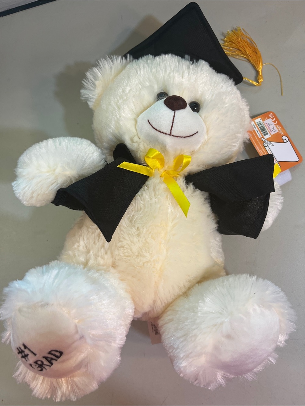 Pearl White Graduation Teddy with Black Cap and Yellow Bow